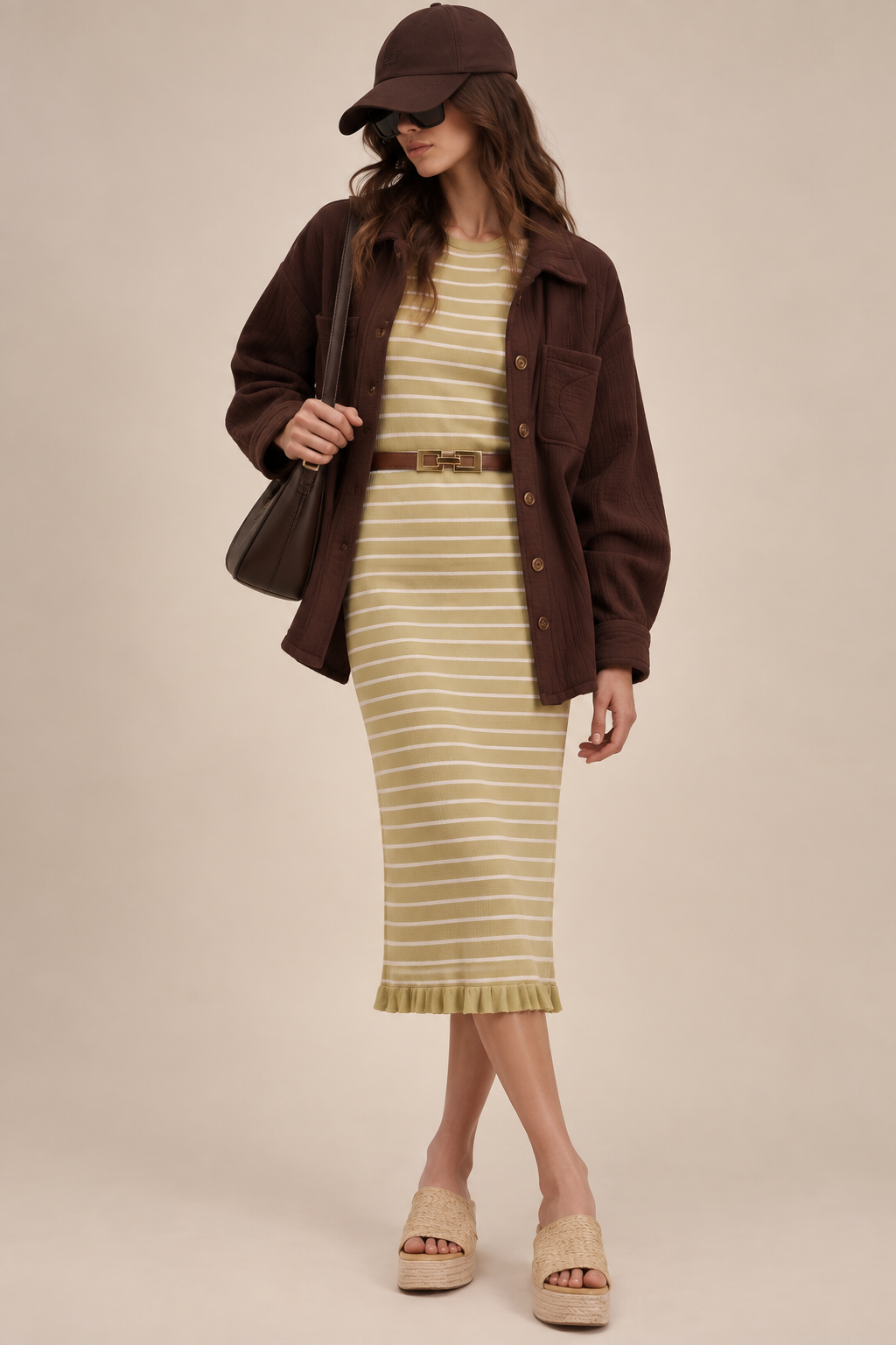 The Striped Knit Ruffle Maxi Dress
