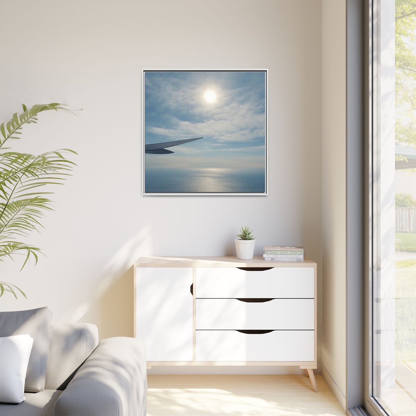 Framed Matte Canvas - Airplane Wing Over Ocean Sky
