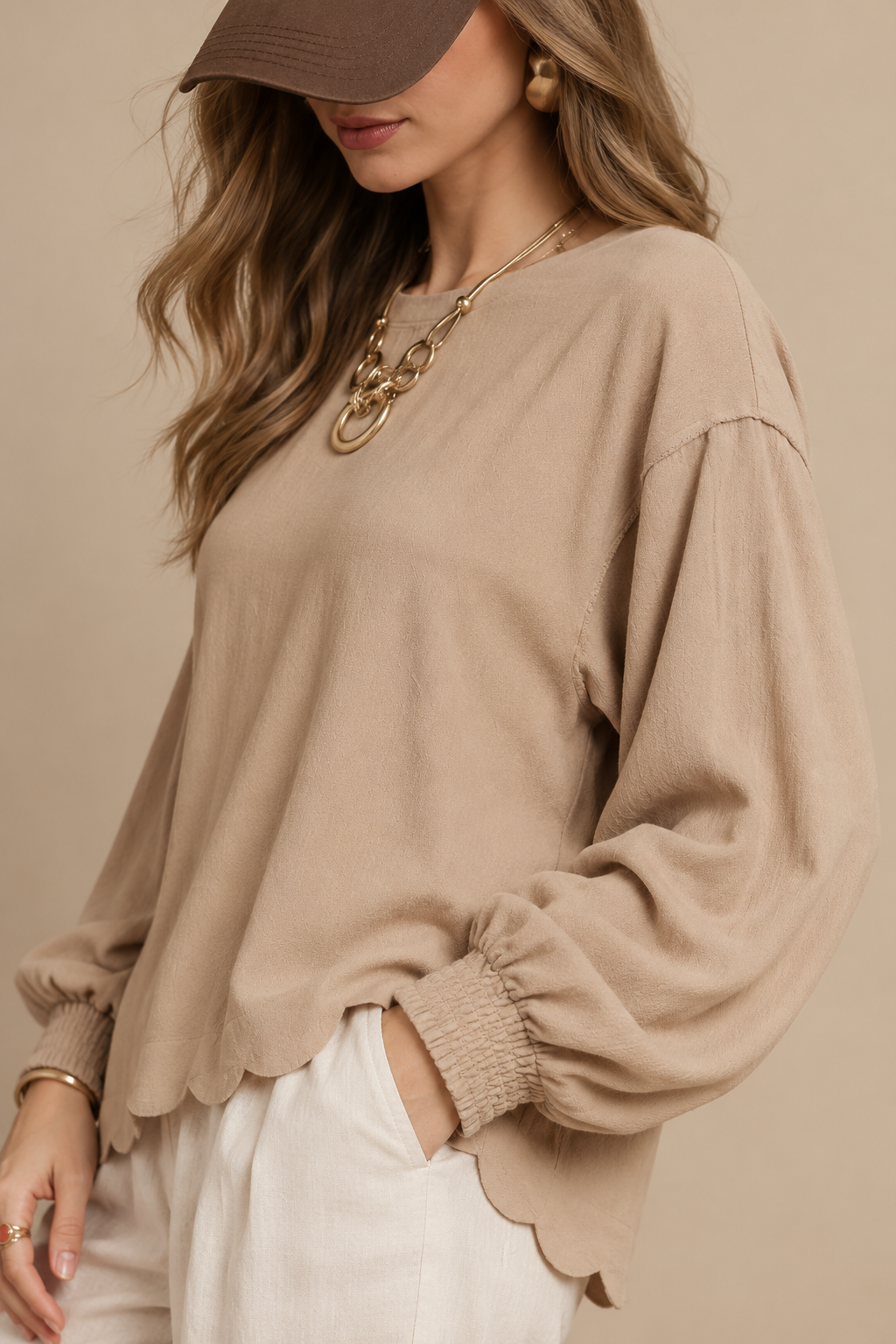 Linen Scallop Hem Long Sleeve Blouse