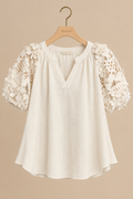 French Terry Boxy Top with Floral Lace Sleeves