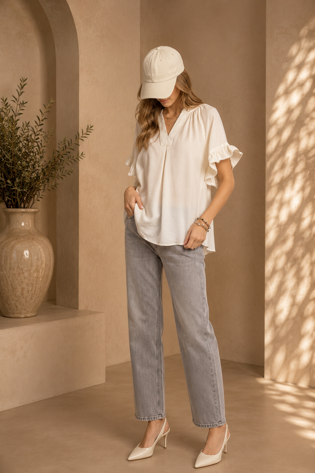 Ruffle Sleeve V-Neck Blouse | Elegant Women’s Blouse