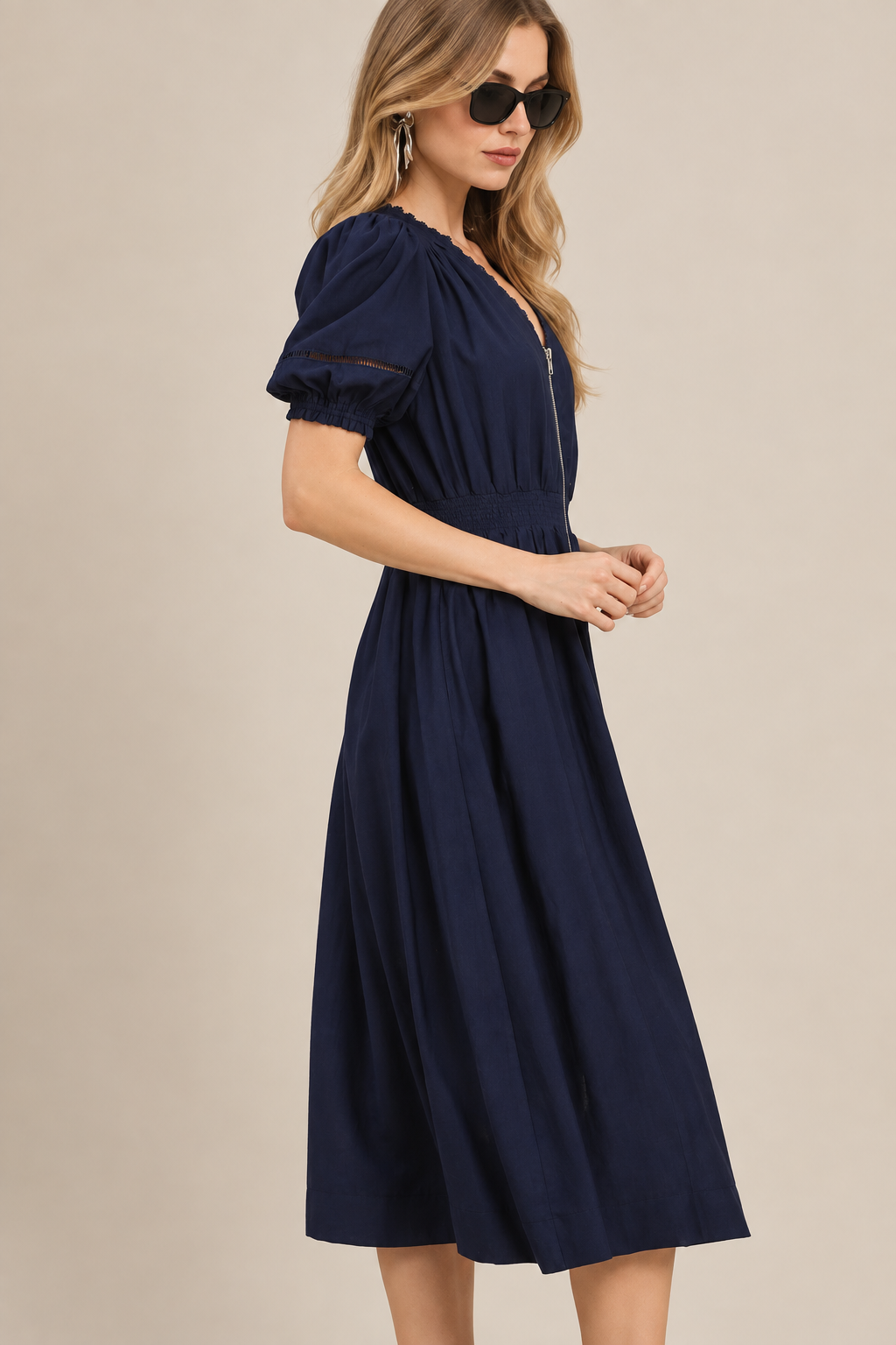 Umgee Zip-Front Smocked Waist Midi Dress
