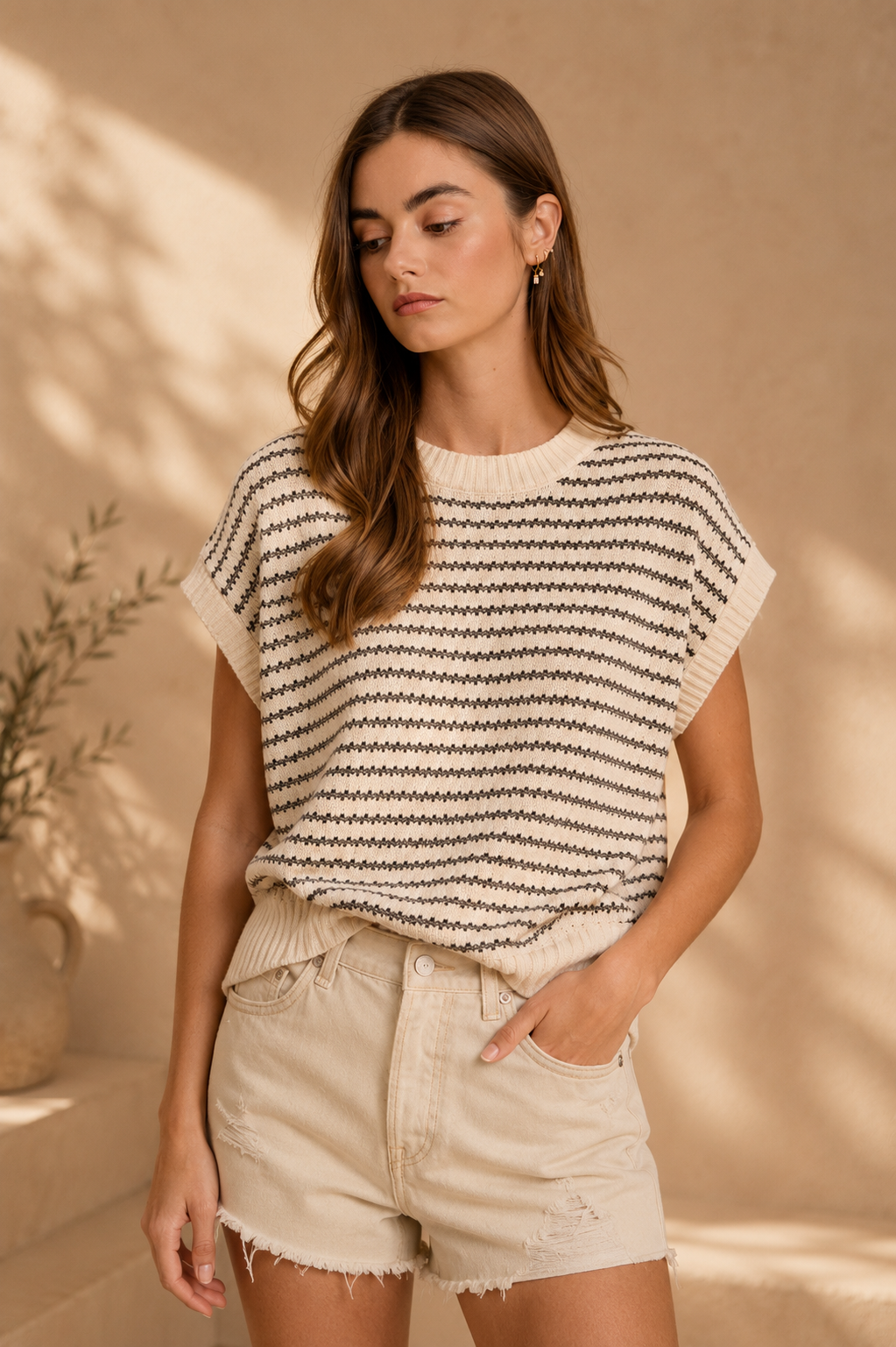 BiBi Pointelle Stripes Sleeveless Drop Shoulder Lightweight Sweater Top