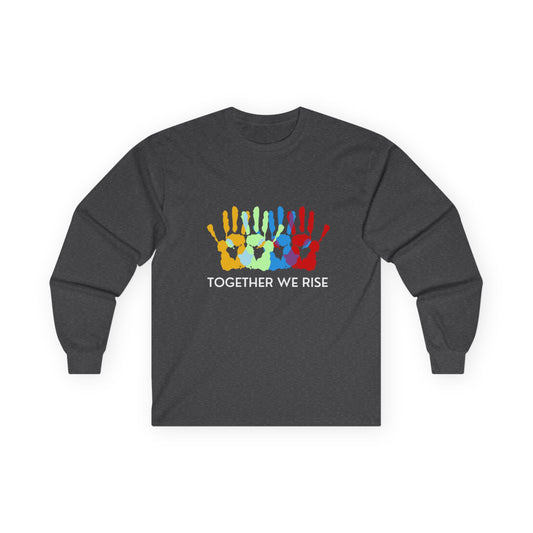 Together We Rise Long Sleeve Tee — Multicolor Handprint Unity Shirt
