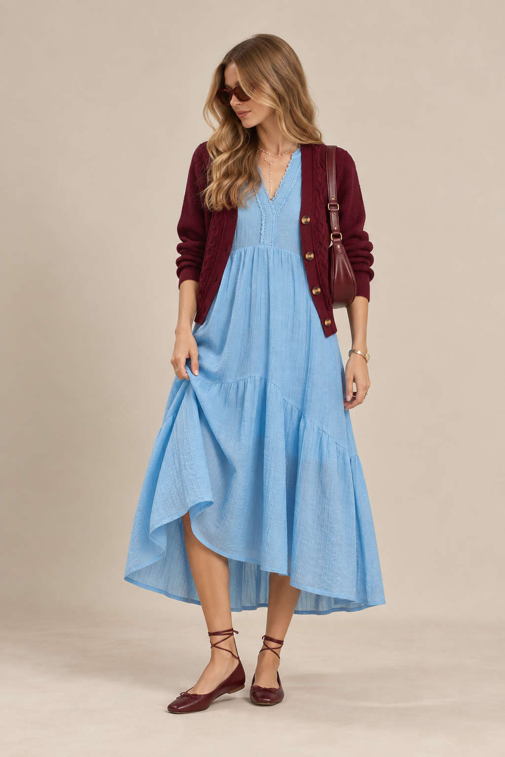Textured Tiered Midi Dress with Lace Detail