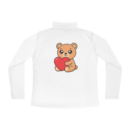 Ladies Quarter-Zip Pullover — Cute Bear Holding Heart Graphic