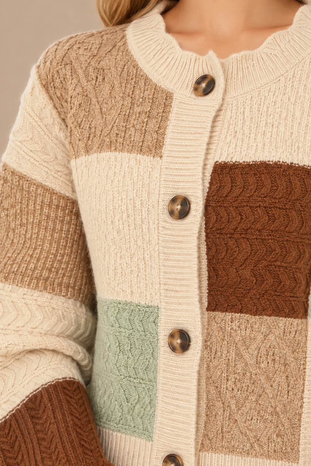 VERY J Color Block Button Down Textured Sweater Cardigan