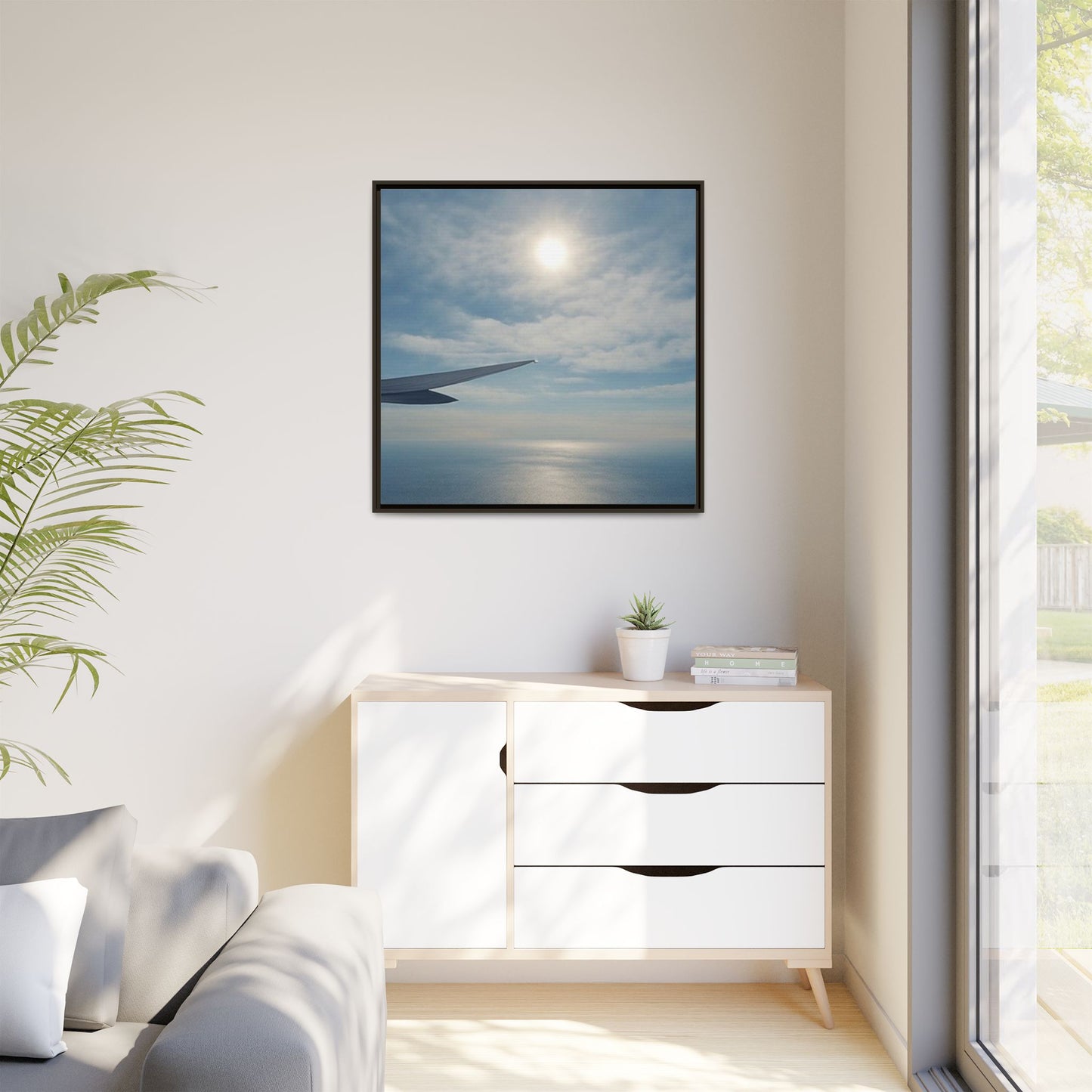 Framed Matte Canvas - Airplane Wing Over Ocean Sky