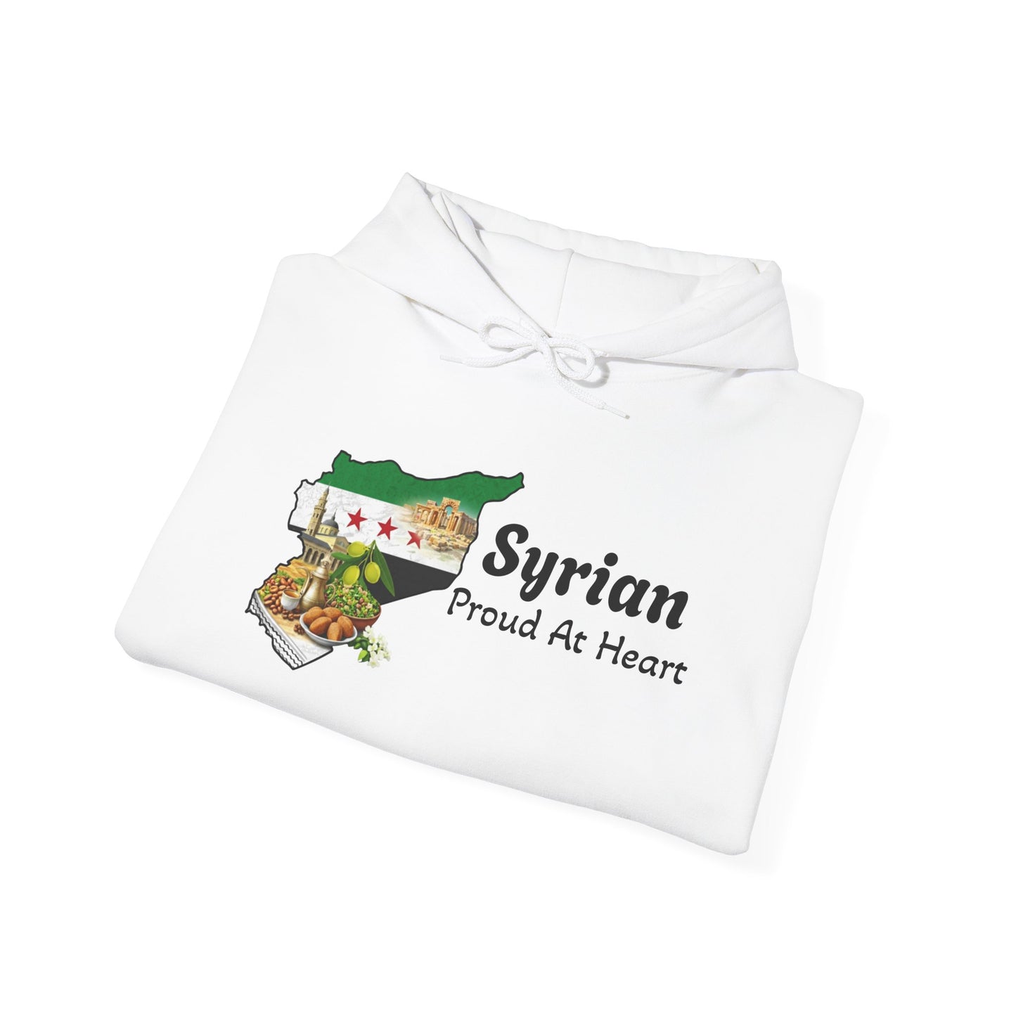 Syrian Pride Hoodie — "Syrian Proud At Heart" Flag & Landmark Pullover