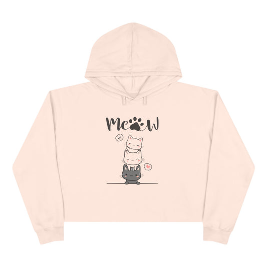 Cute Stacked Kittens Crop Hoodie - "Meow" Graphic Cat Lover Pullover