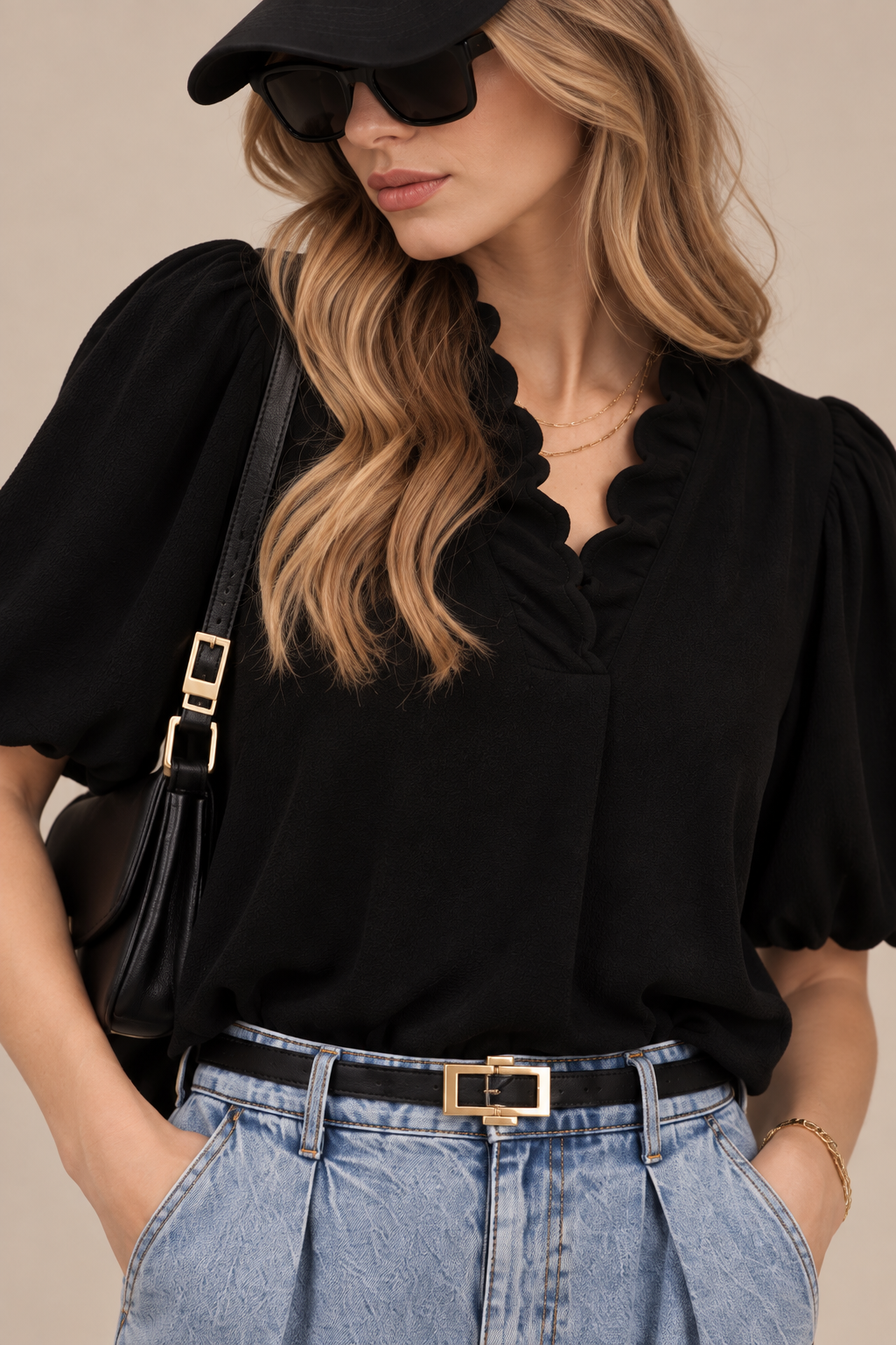 Linen Scallop Trim V-Neck Blouse