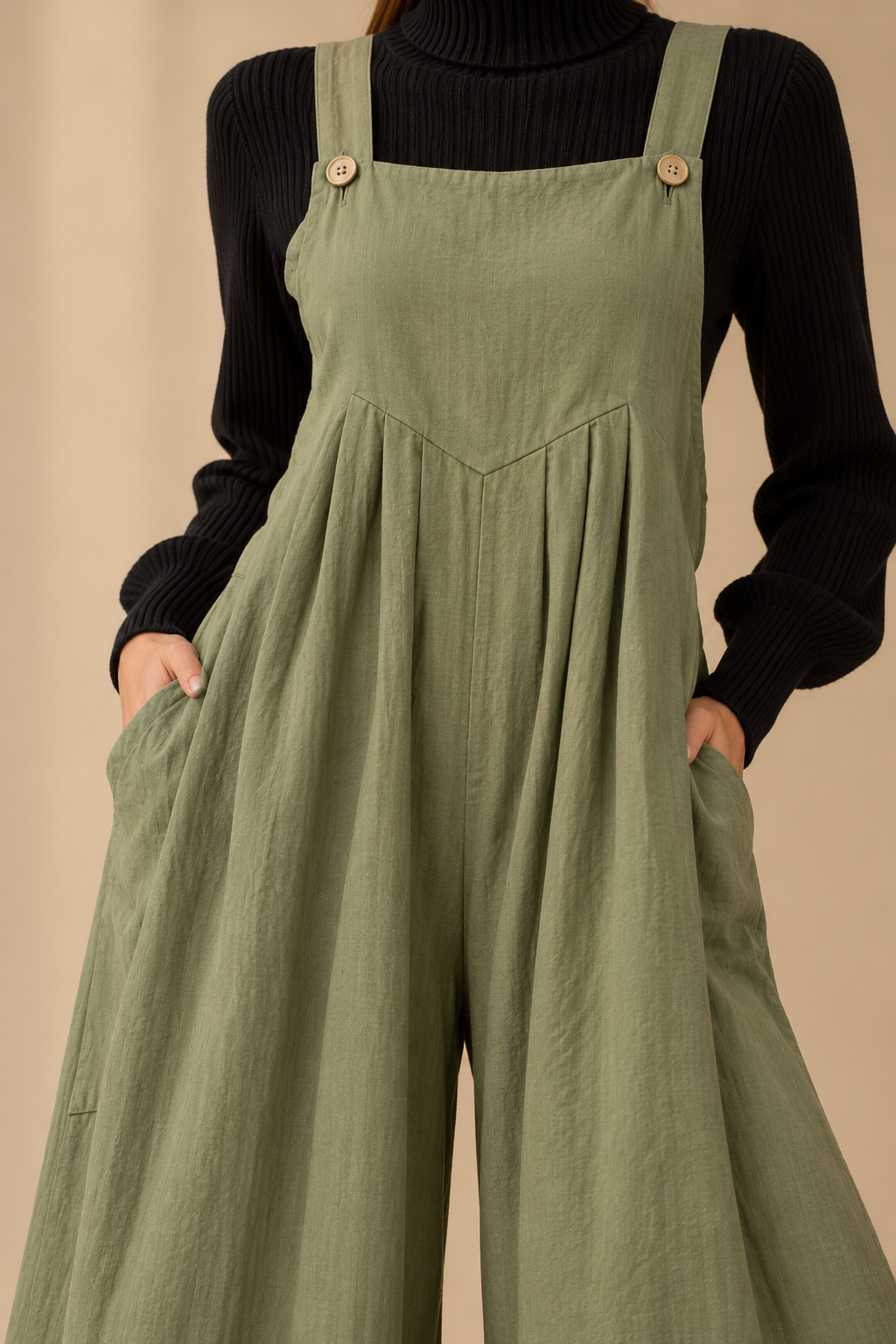 BiBi Ruched Wide Leg Overalls with Pockets