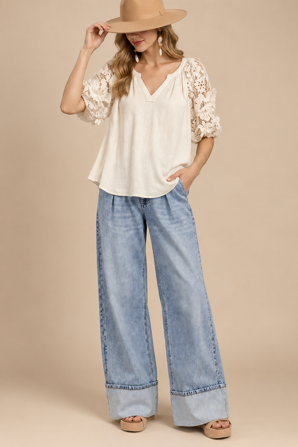 French Terry Boxy Top with Floral Lace Sleeves