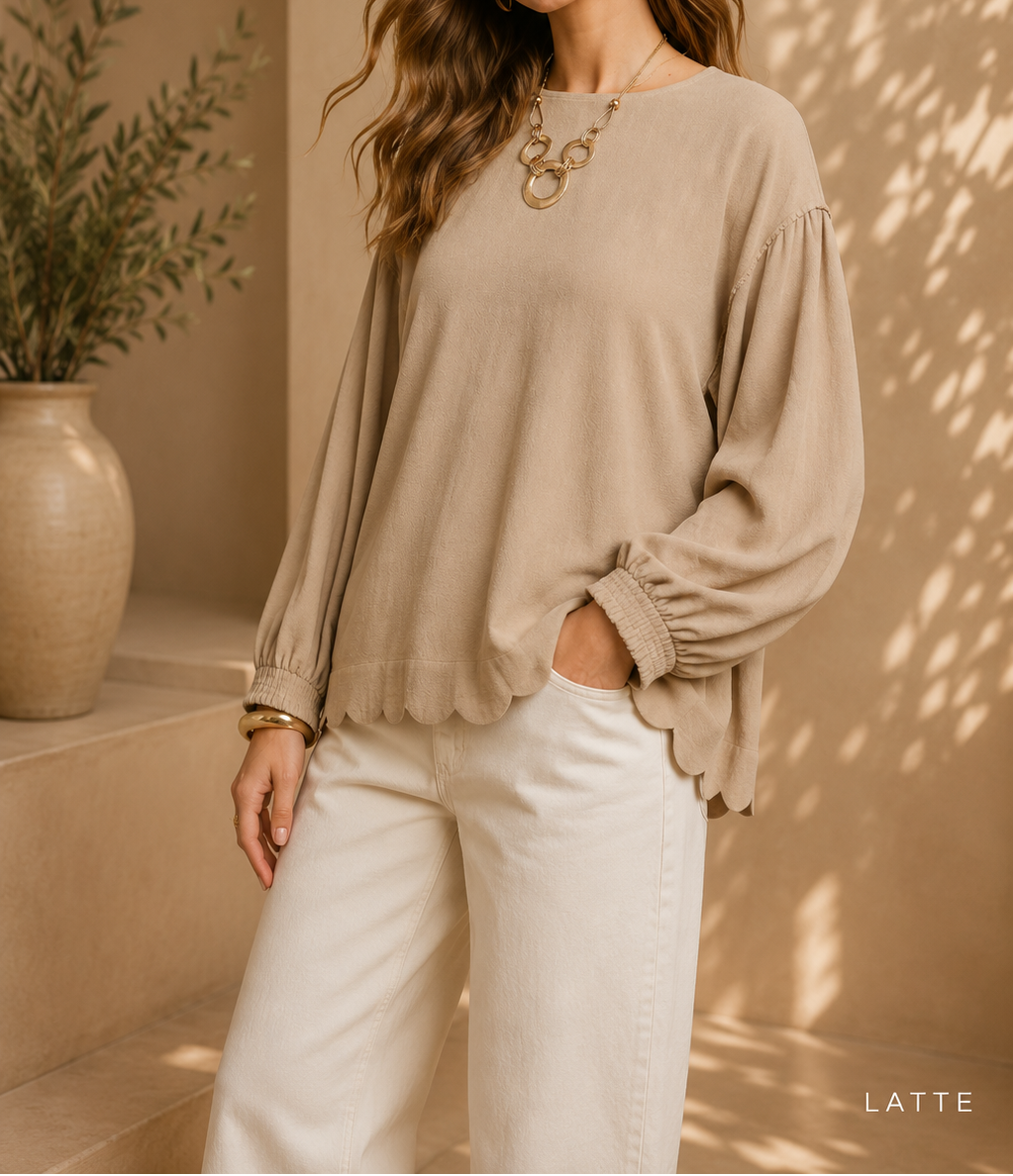 Linen Scallop Hem Long Sleeve Blouse