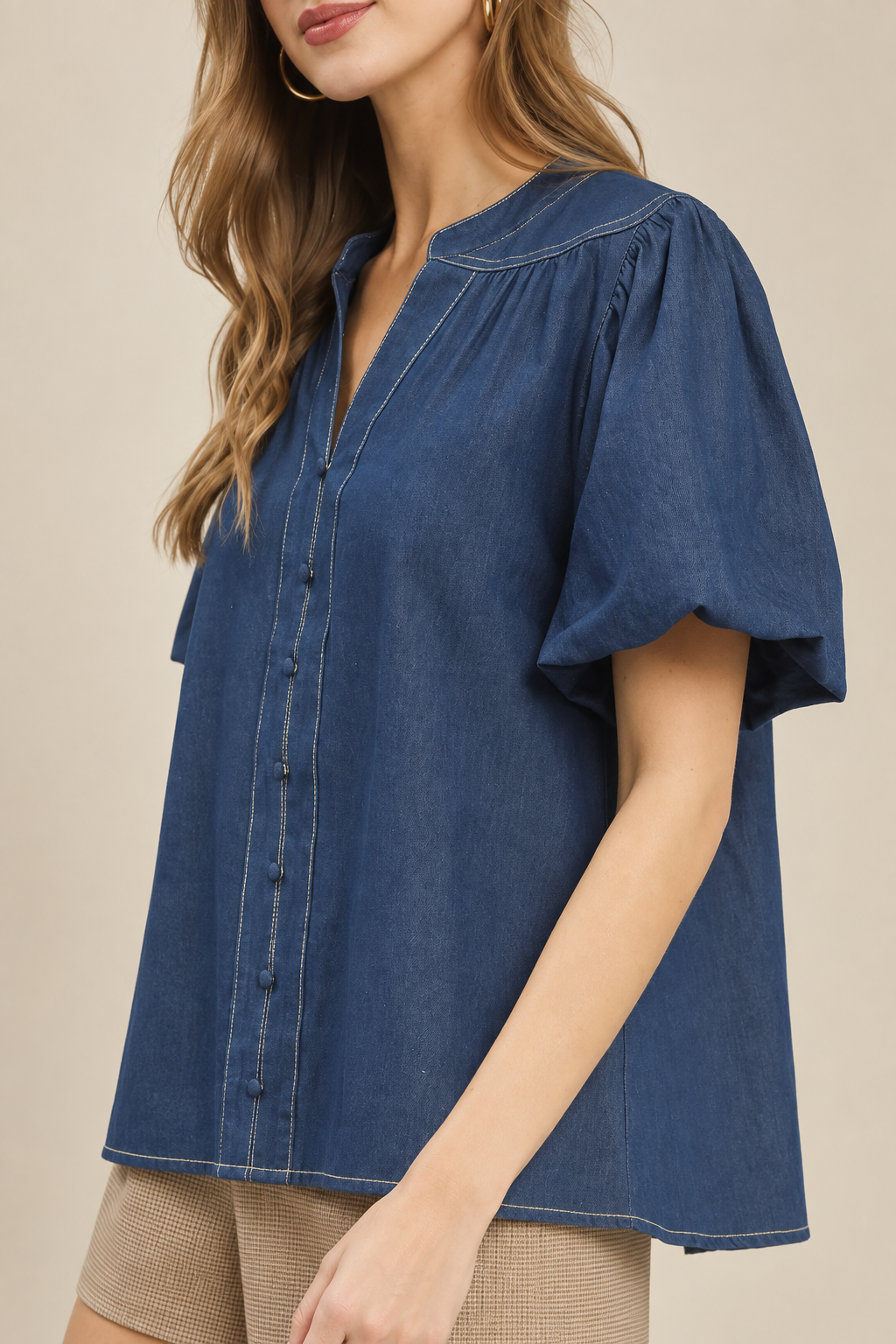 Vintage Denim Puff Sleeve Blouse | Women’s Cotton Denim Top