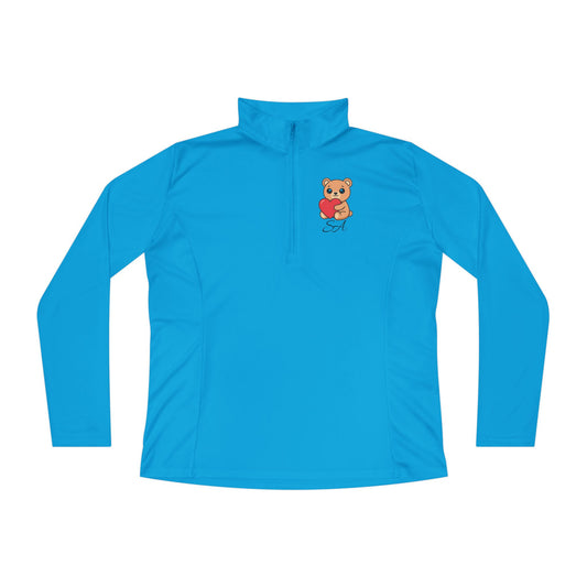 Ladies Quarter-Zip Pullover — Cute Bear Holding Heart Graphic