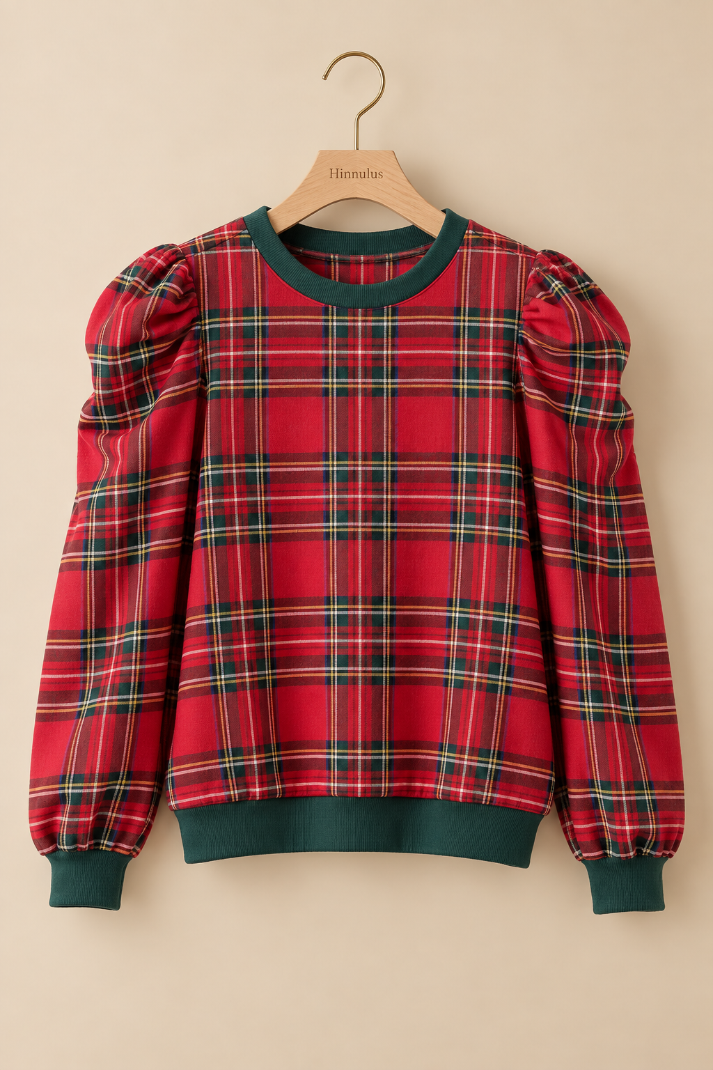 BiBi Christmas Plaid Exaggerated Shoulder Sleeves Top