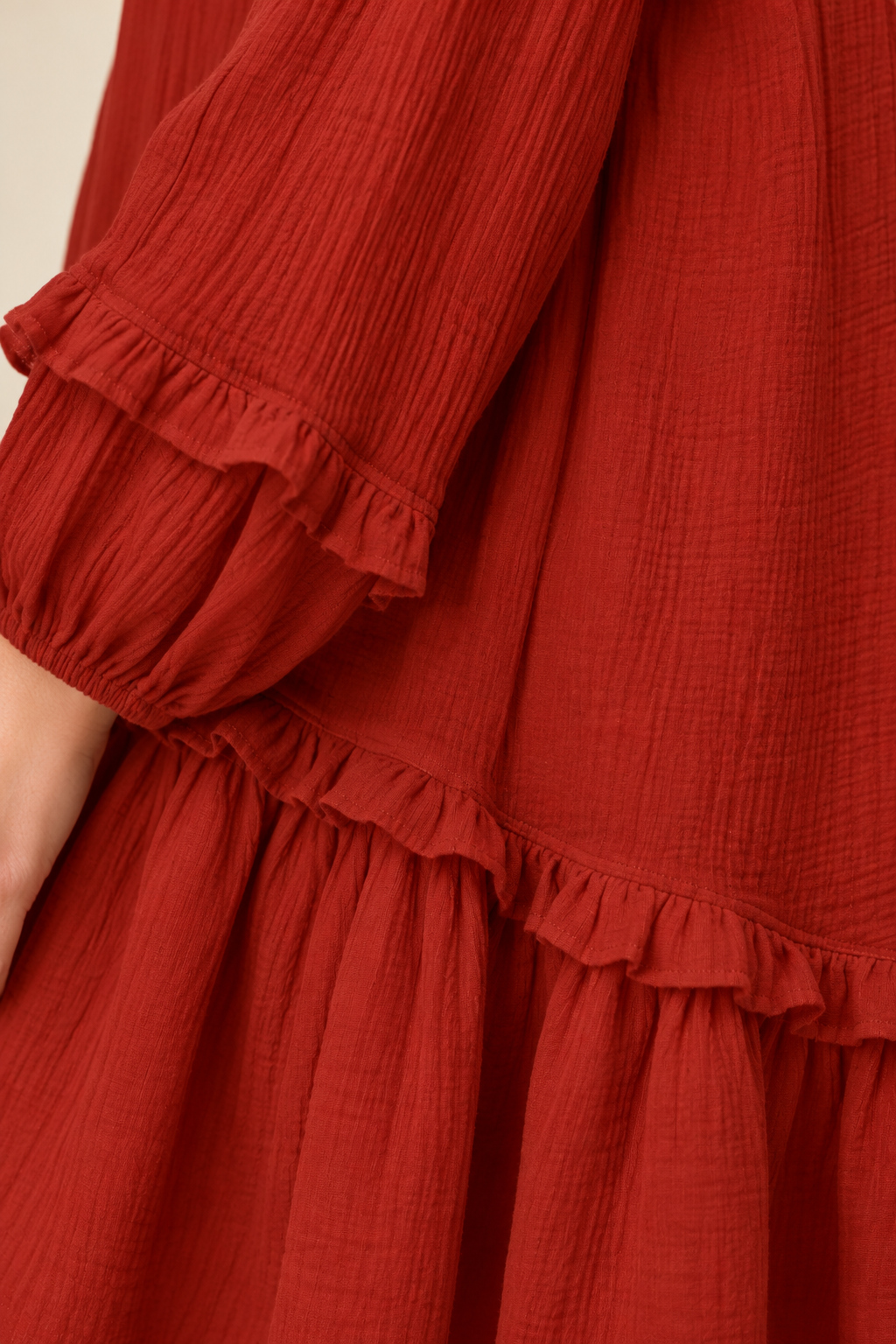 Double Take Full Size Texture Half Button Ruffle Trim Dress