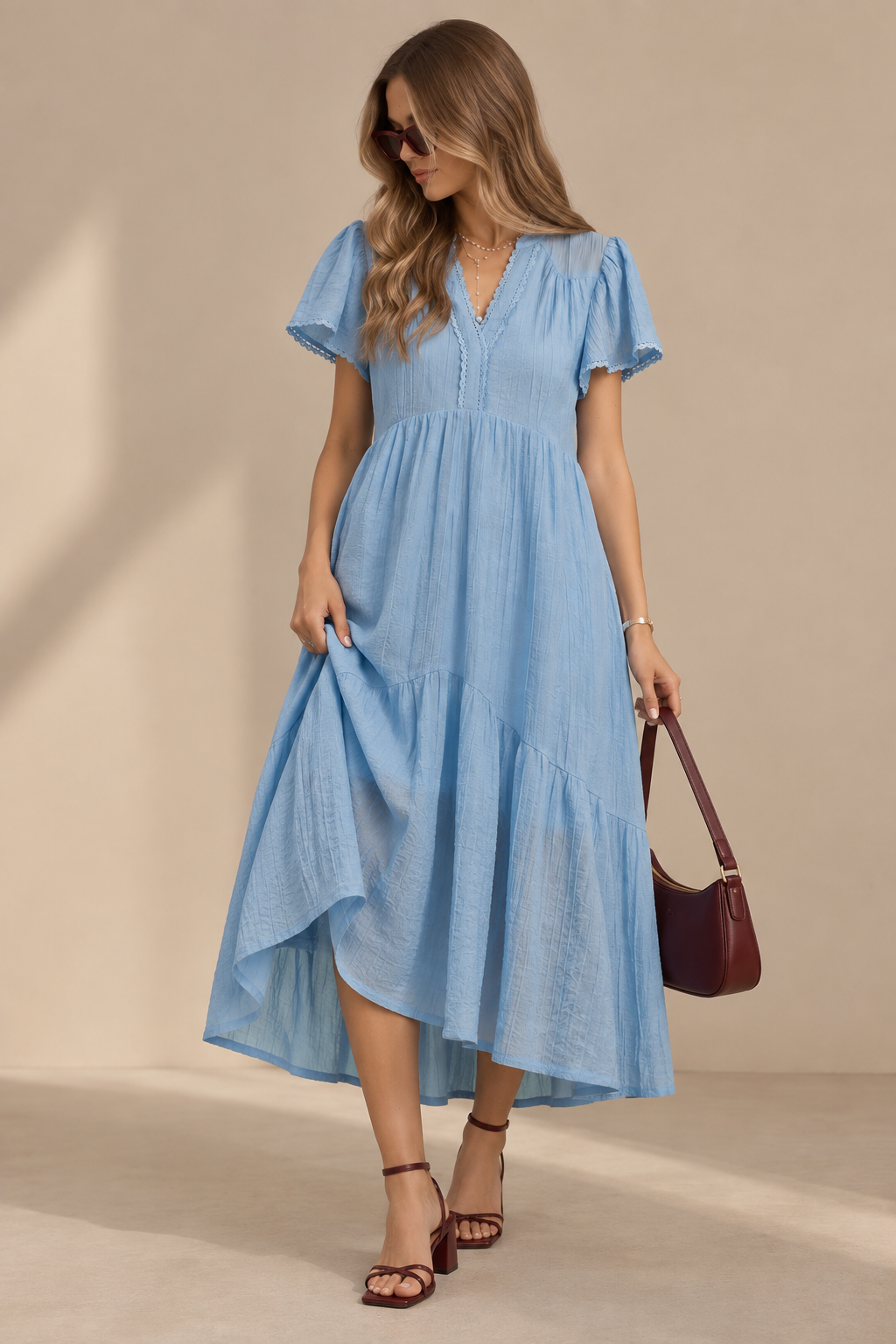 Textured Tiered Midi Dress with Lace Detail