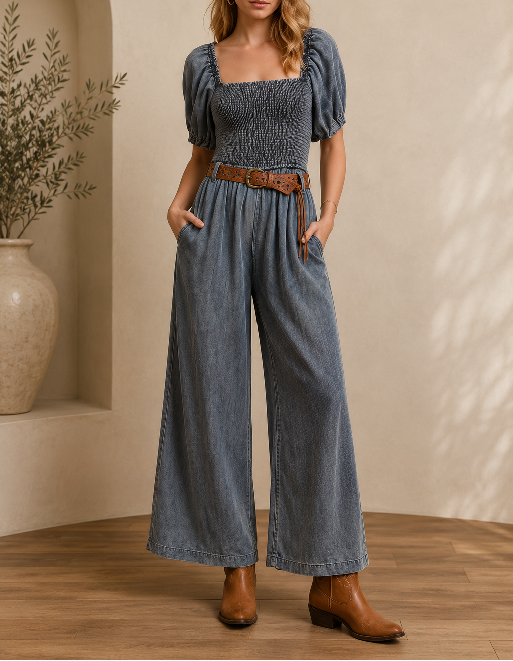 BiBi Smocked Washed Puff Sleeve Square Neck Denim Jumpsuit