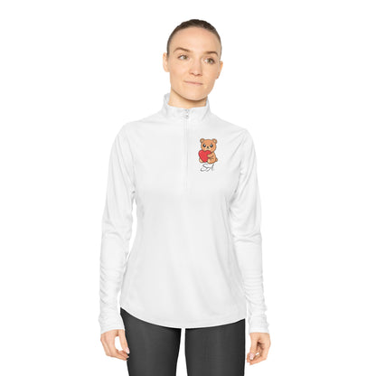 Ladies Quarter-Zip Pullover — Cute Bear Holding Heart Graphic