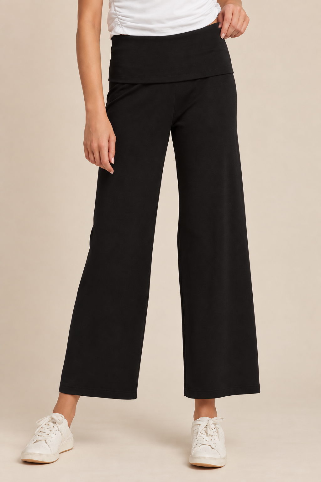 Umgee Cotton Viscose Folded Waistband Straight Leg Pants