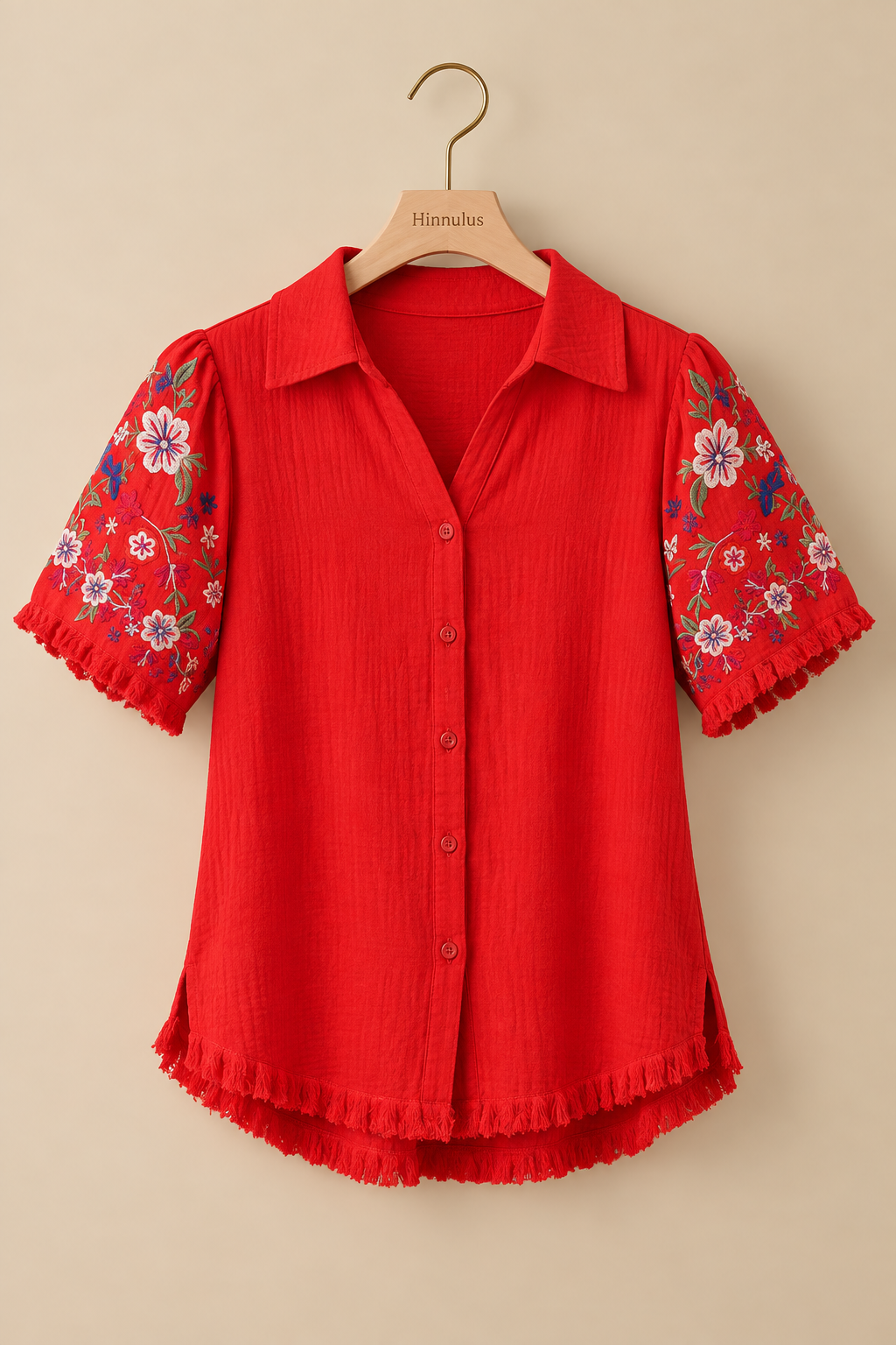 Umgee Full Size Linen Shirt with Embroidered Sleeves Plus Size