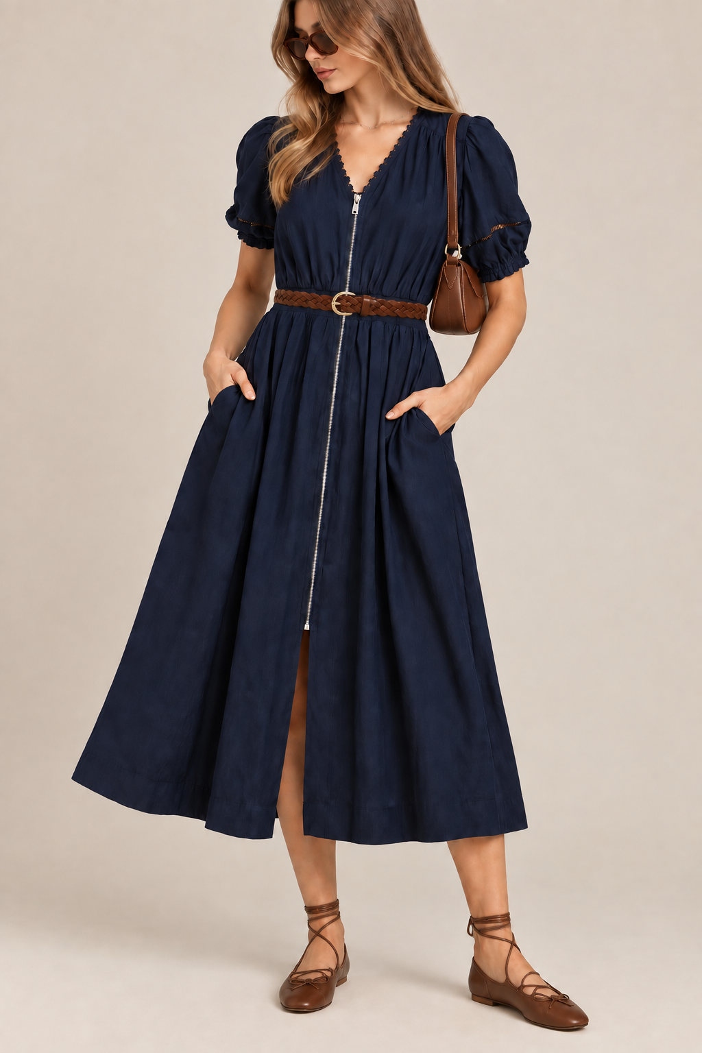 Umgee Zip-Front Smocked Waist Midi Dress