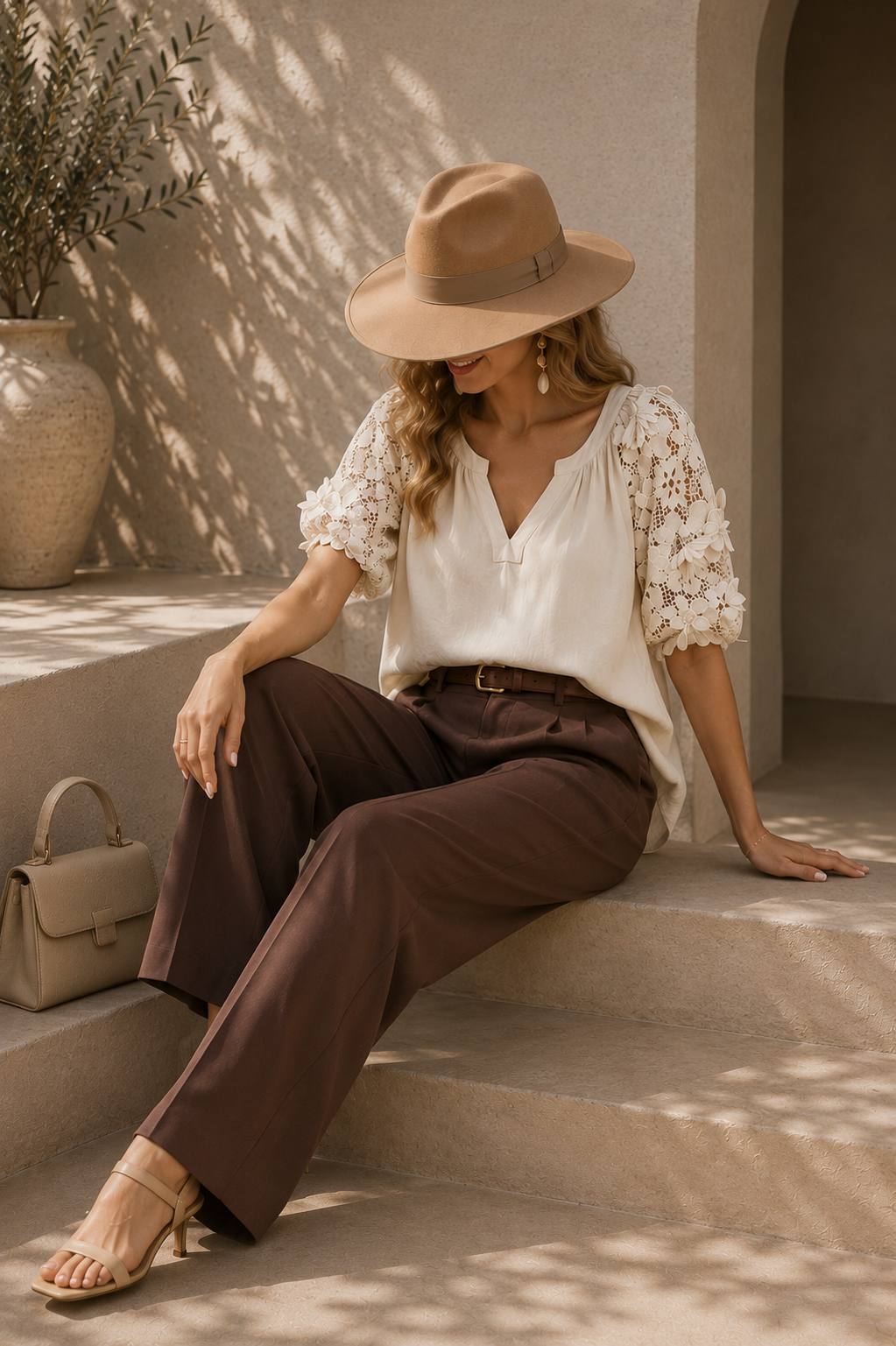 French Terry Boxy Top with Floral Lace Sleeves