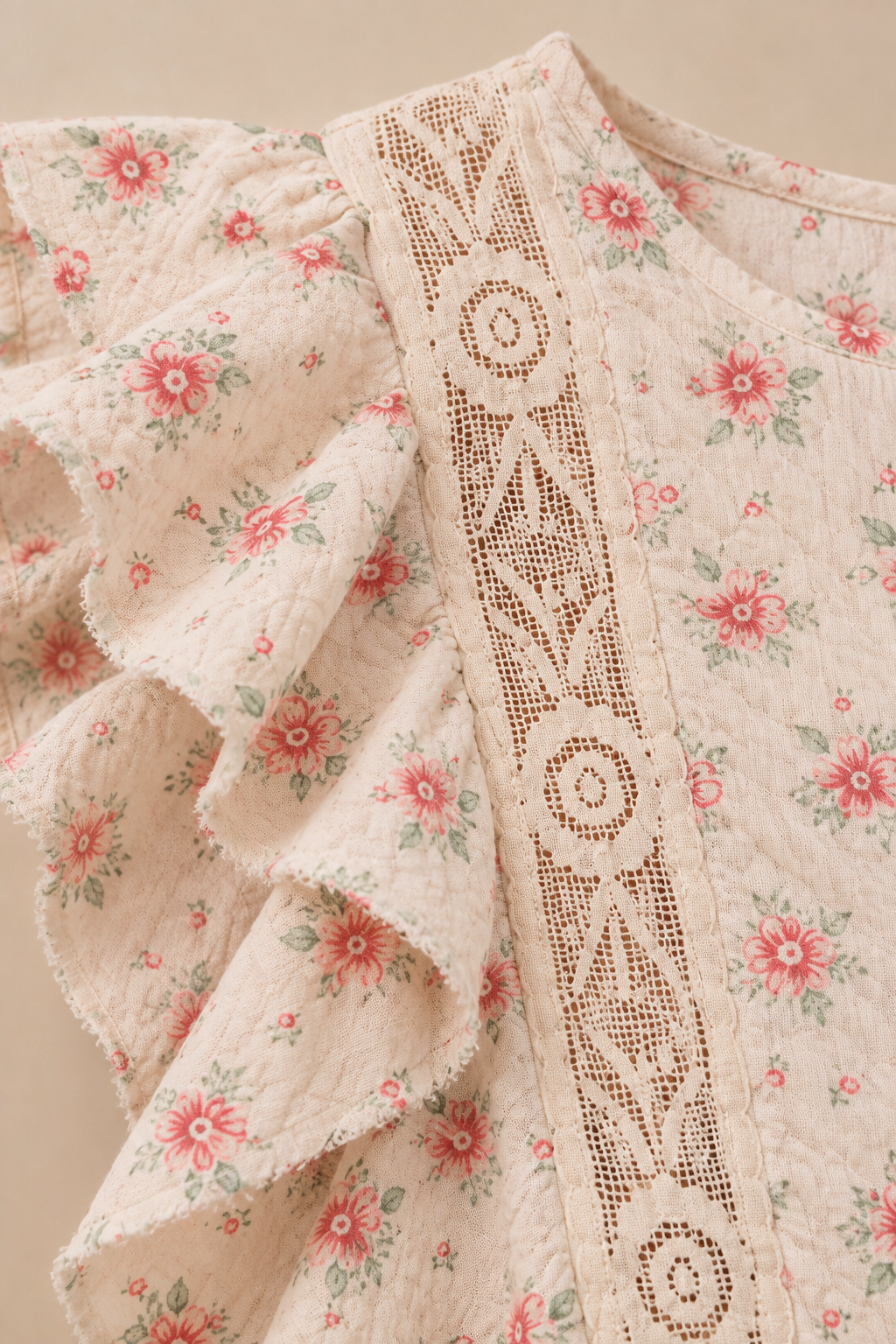 BiBi Flower Printed Ruffle Sleeve Trim Detail Top