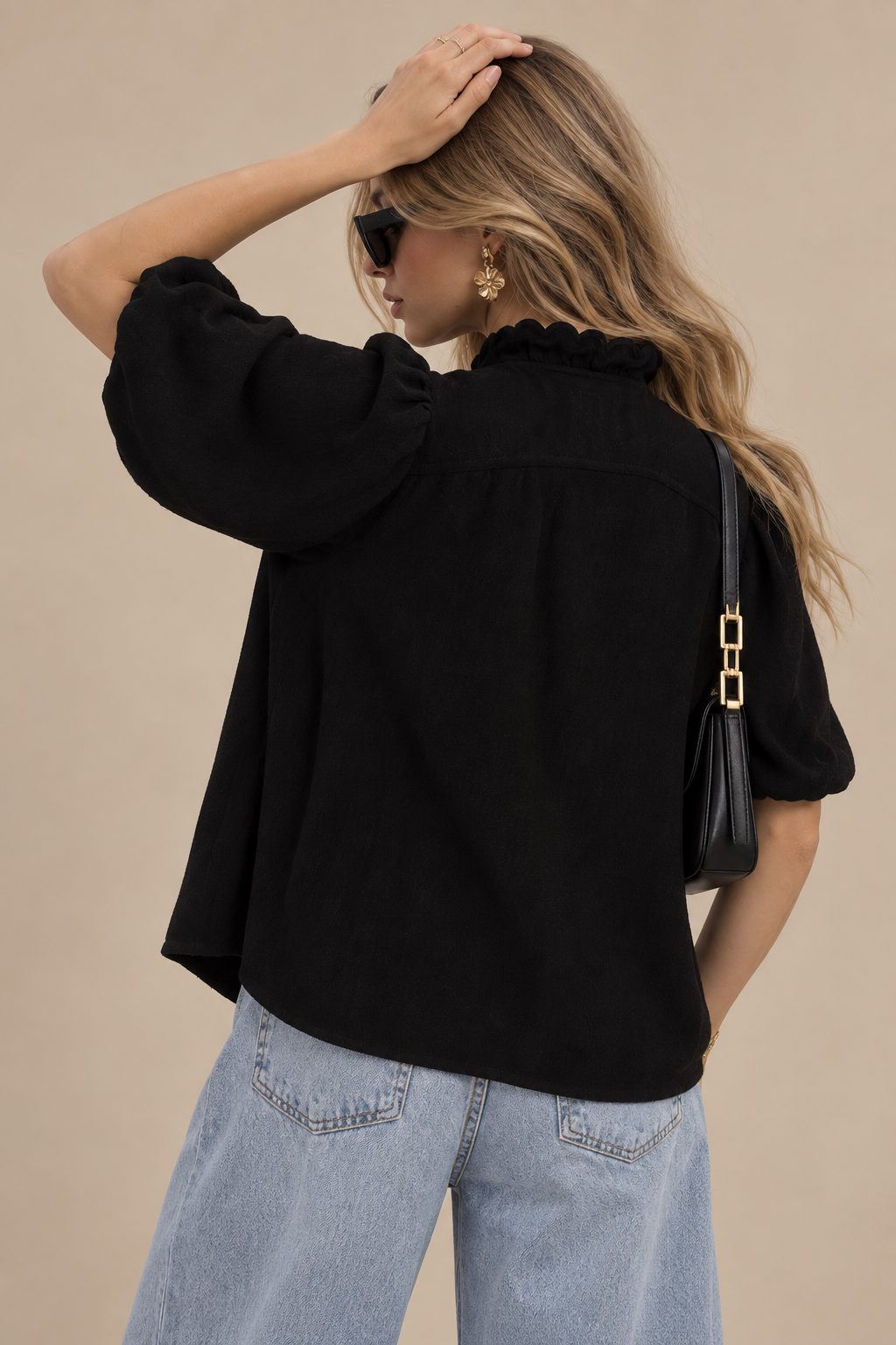 Linen Scallop Trim V-Neck Blouse