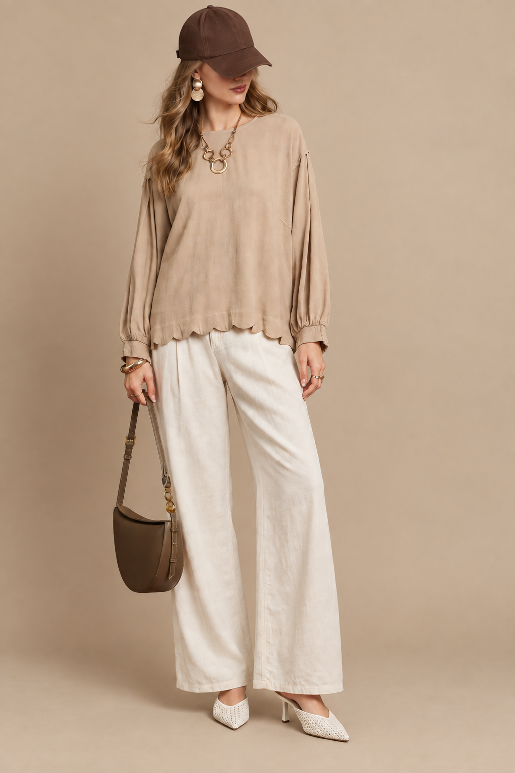 Linen Scallop Hem Long Sleeve Blouse