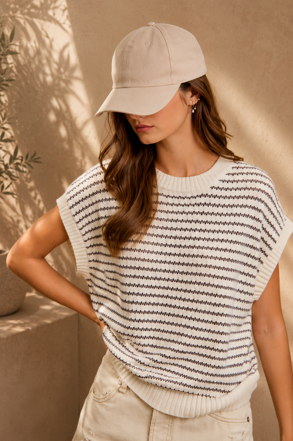 BiBi Pointelle Stripes Sleeveless Drop Shoulder Lightweight Sweater Top
