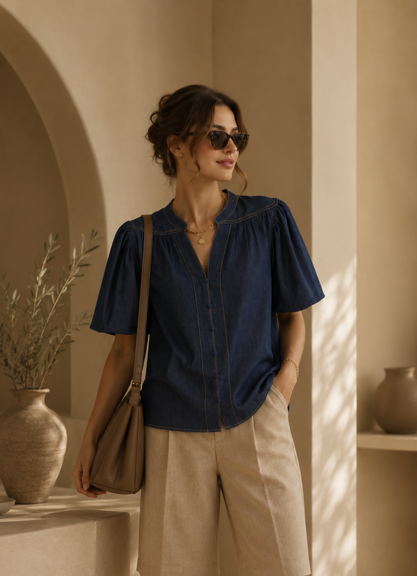 Vintage Denim Puff Sleeve Blouse | Women’s Cotton Denim Top