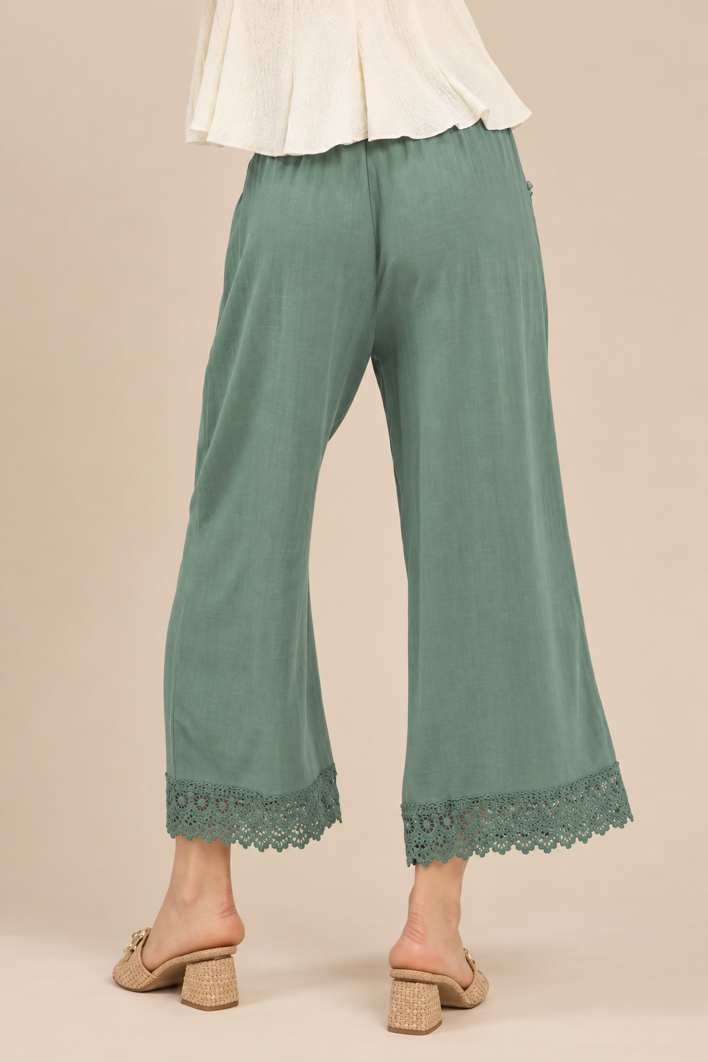 Umgee Linen Wide Leg Cropped Pants with Lace Trim