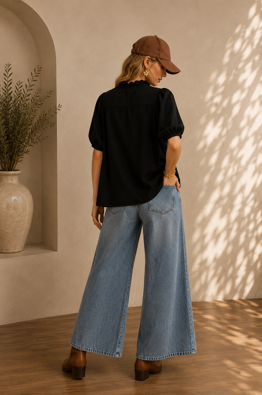 Linen Scallop Trim V-Neck Blouse