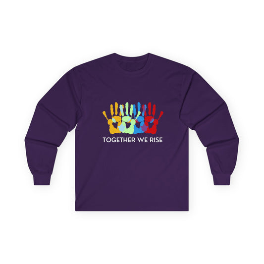 Together We Rise Long Sleeve Tee — Multicolor Handprint Unity Shirt