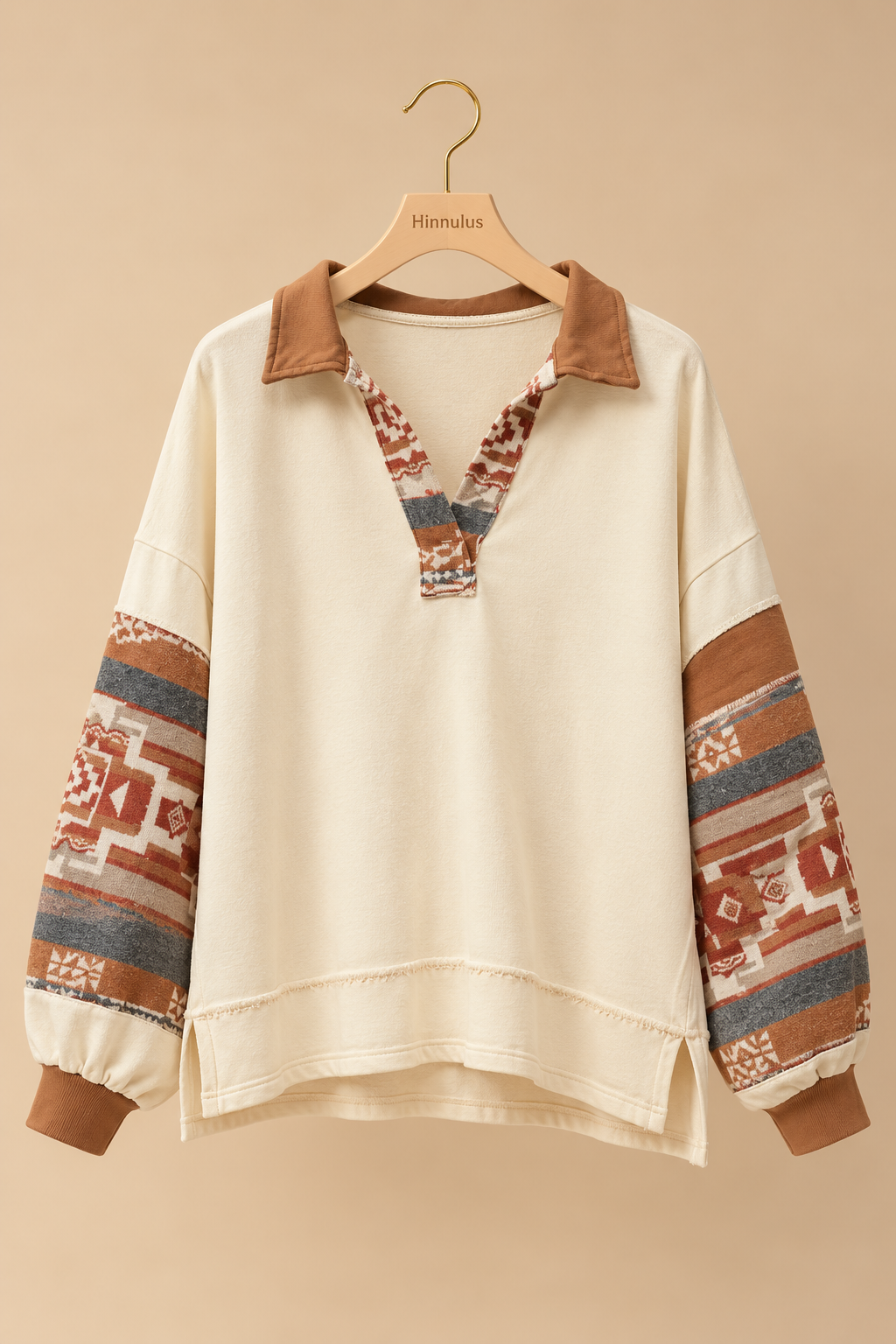 BiBi French Terry Knit and Aztec Print Mixed Top