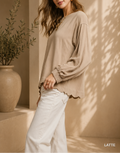 Linen Scallop Hem Long Sleeve Blouse