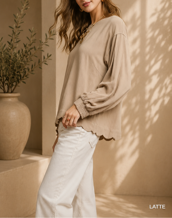 Linen Scallop Hem Long Sleeve Blouse