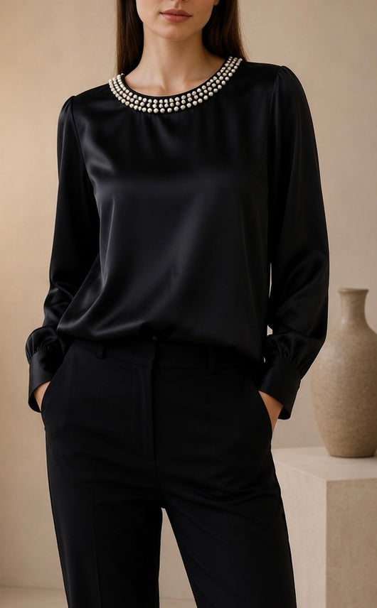 Pearl Trim Round Neck Silk Blouse