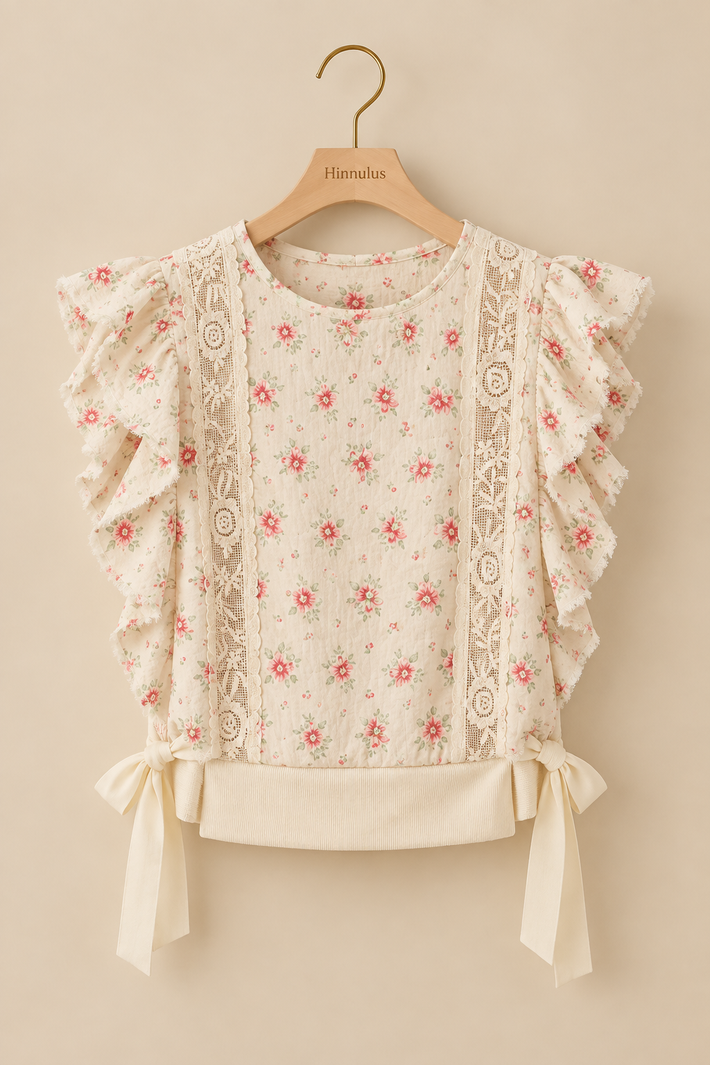 BiBi Flower Printed Ruffle Sleeve Trim Detail Top