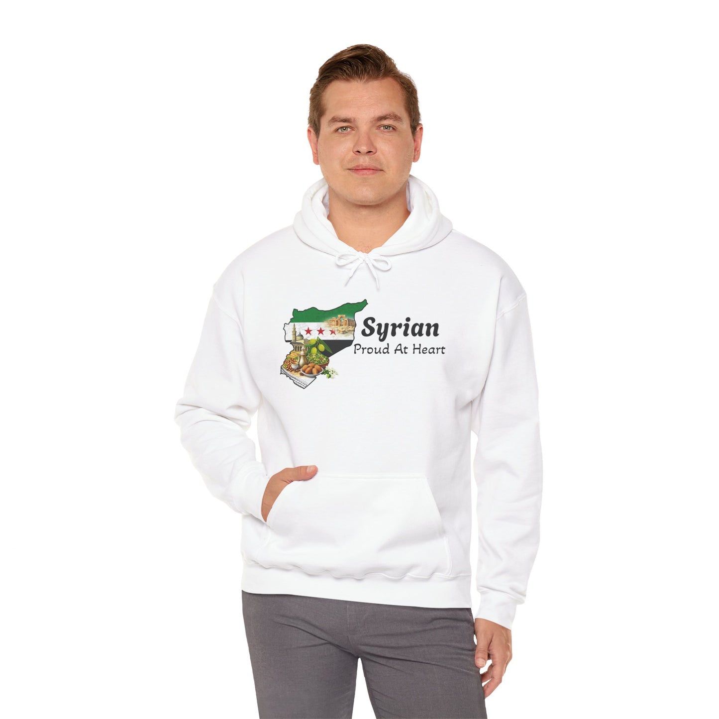 Syrian Pride Hoodie — "Syrian Proud At Heart" Flag & Landmark Pullover