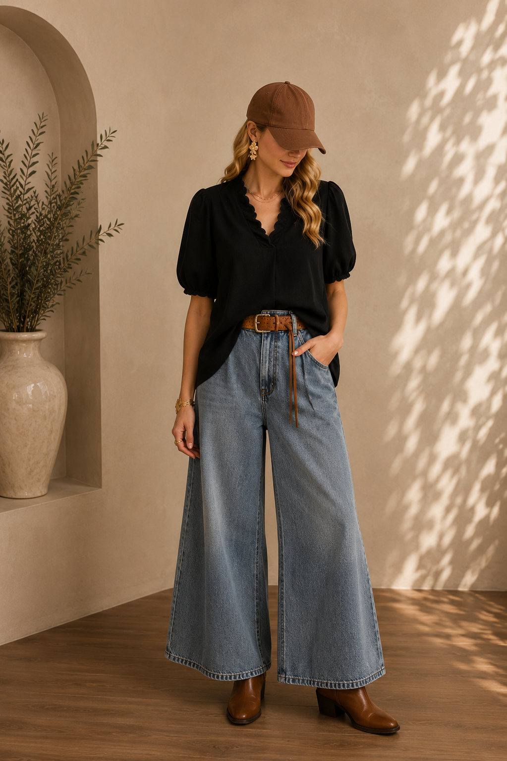 Linen Scallop Trim V-Neck Blouse