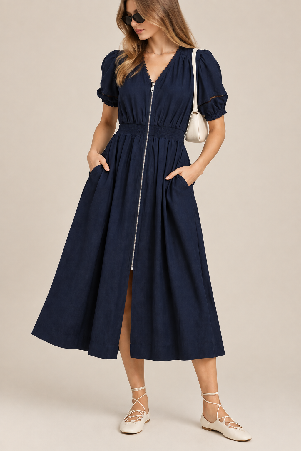 Umgee Zip-Front Smocked Waist Midi Dress