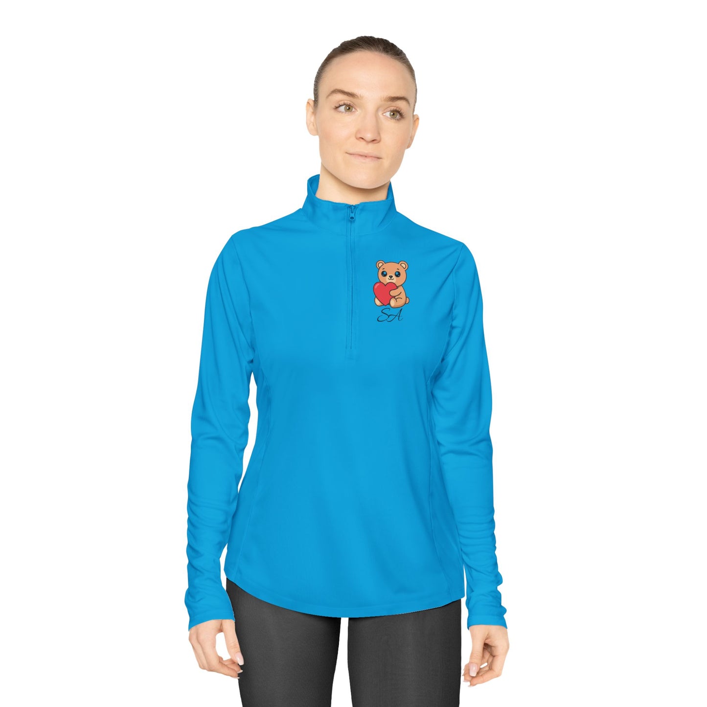 Ladies Quarter-Zip Pullover — Cute Bear Holding Heart Graphic