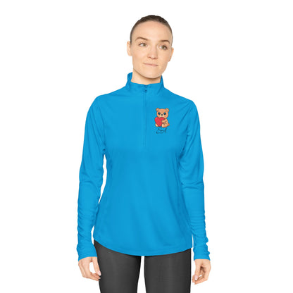 Ladies Quarter-Zip Pullover — Cute Bear Holding Heart Graphic