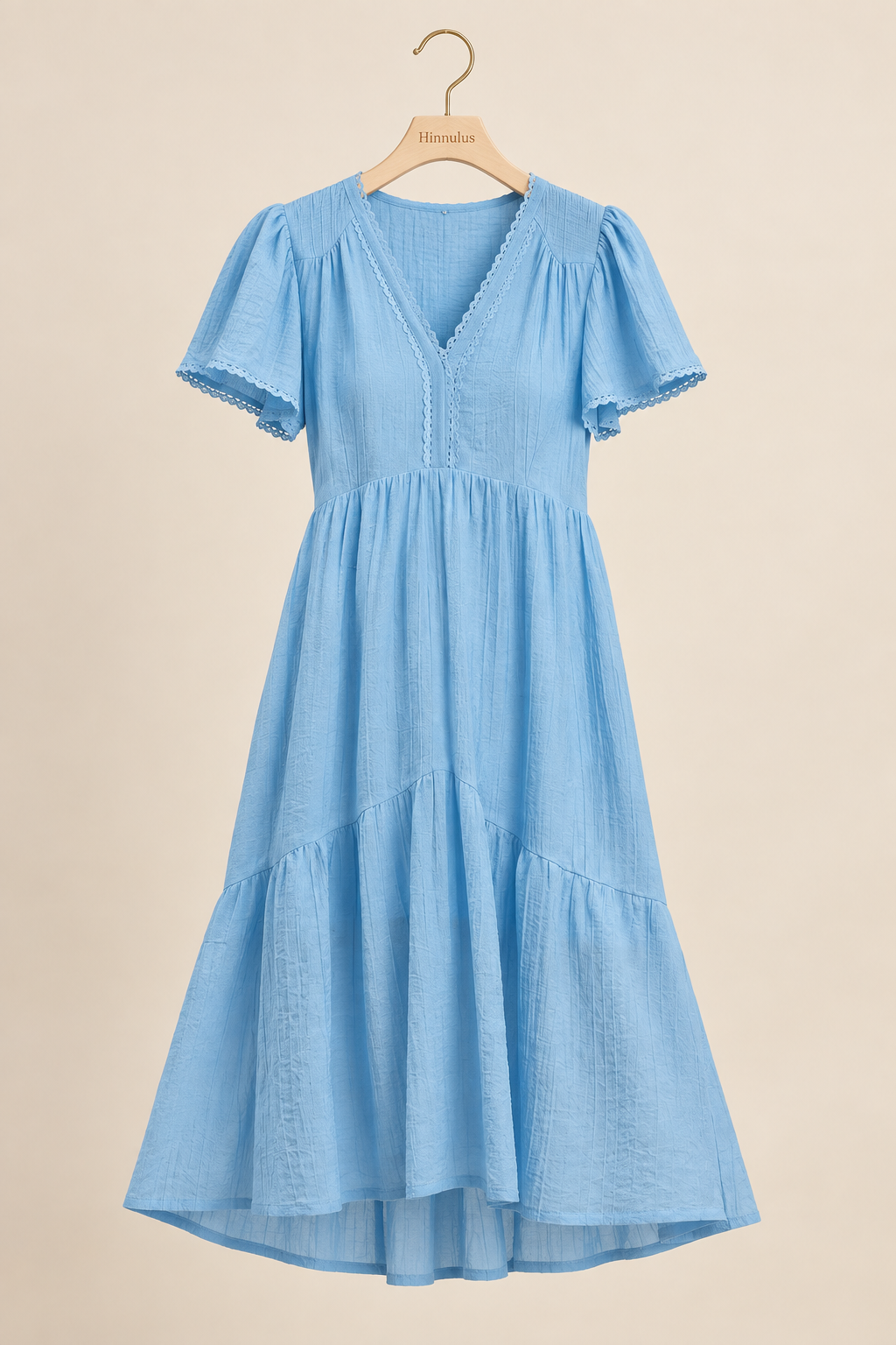 Textured Tiered Midi Dress with Lace Detail