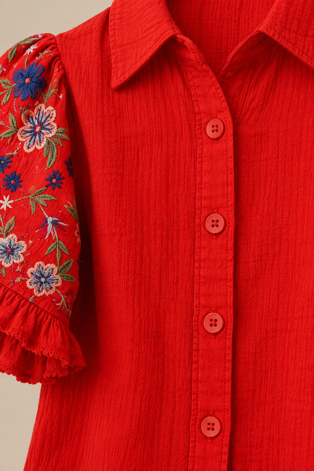 Umgee Full Size Linen Shirt with Embroidered Sleeves Plus Size