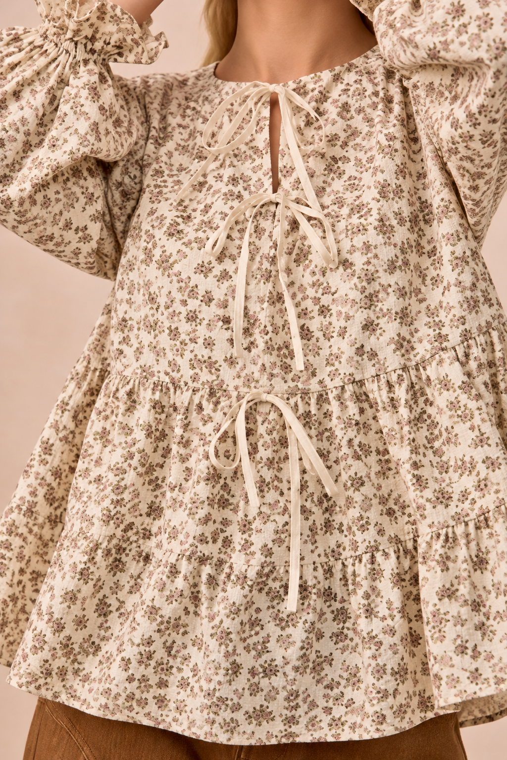 BiBi Floral Printed Peplum Blouse with Shirring and Tied